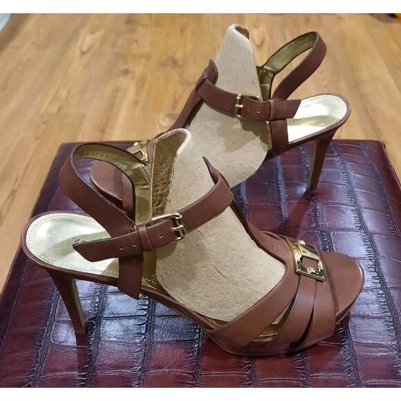 Designer Marc Fisher Varika Varika2 Platform Strappy Heel Sandals Brown/Gold 9.5 - Picture 5 of 7